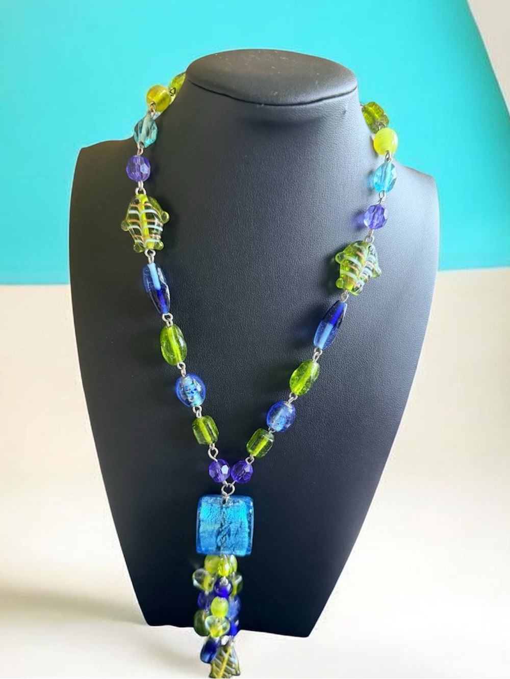 Vintage Blue and Green Glass Pendant Necklace